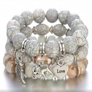 ✨NEW Layered Silver and Cream love elephant 🐘 Charm Bracelet Set